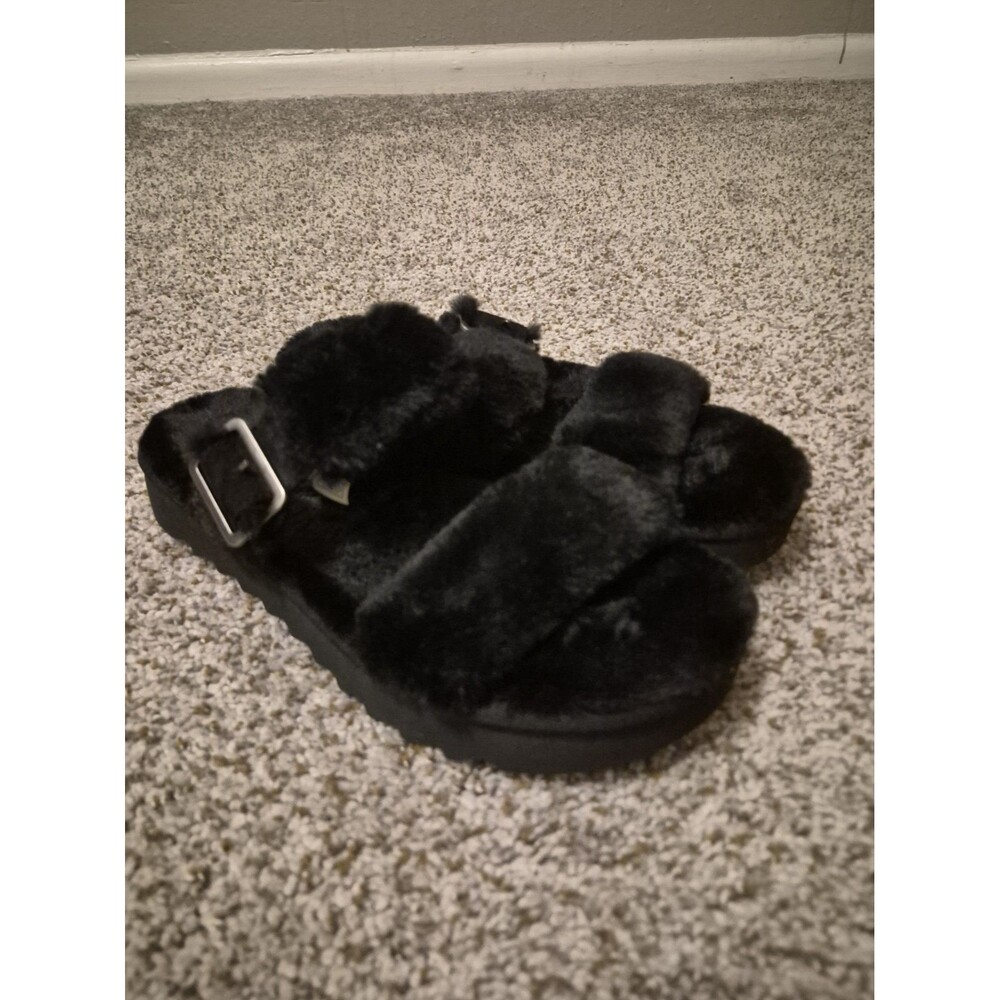 Womens KOOLABURRA by UGG Black Furr-Ah Fur Sandals Slides Slippers Strap 9